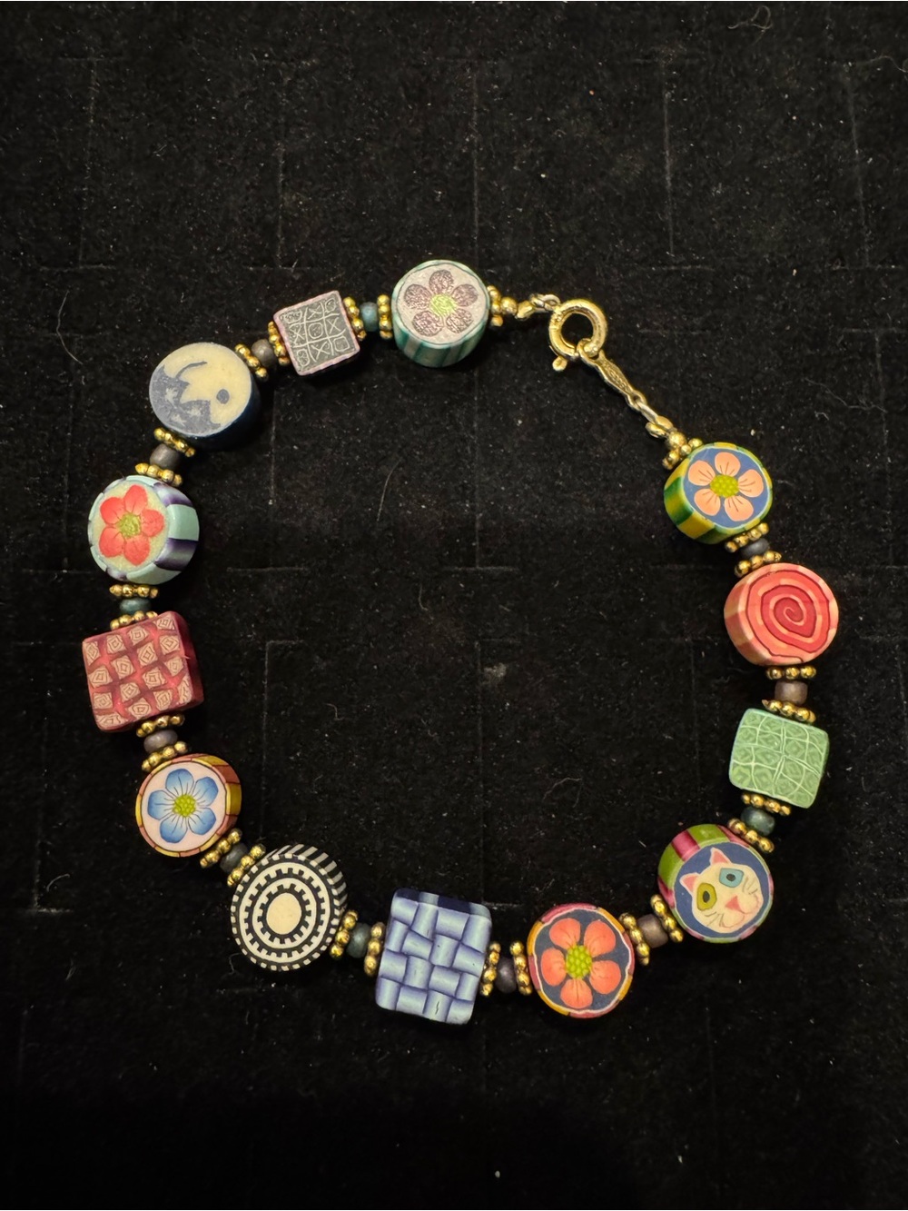 Vintage Colorful Beaded Bracelet Floral Cat Moon Gold Tone Marked 14K GODG